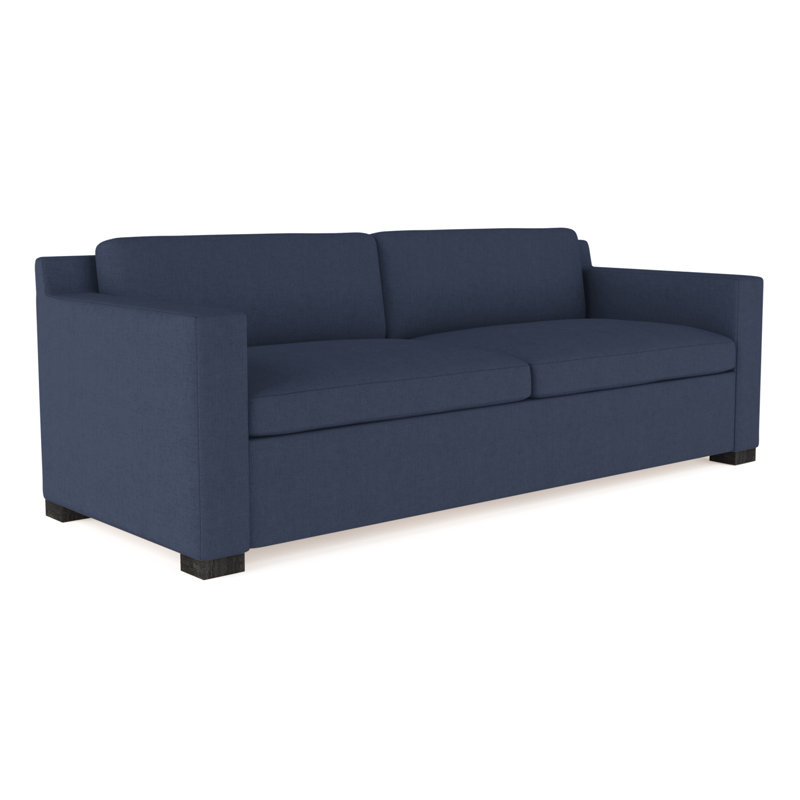 Mercer Track-Arm Loveseat, Natural, Box Weave Linen Blue Print, 33.5" H x 72" W x 39" D