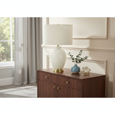 Lighting, H 26 po, lampe de table, abat-jour ivoire / crème, céramique crème, transitionnel