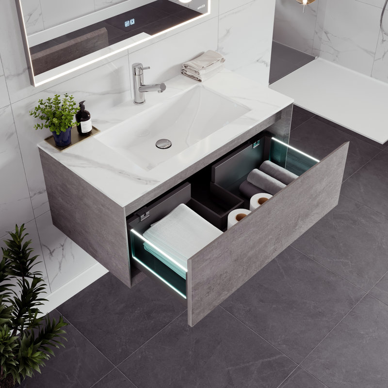 Aurora 36 In. Concrete Gray Wall Mount Single Sink Bath Vanity With Carrara Quartz Top And Undermount Porcelain Sink, 36"