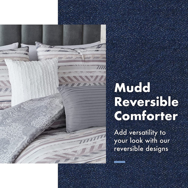 Ensemble d'édredon réversible 5 pièces Mudd, 1 courtepointe, 2 coussins, 2 taies décoratives, ensemble d'édredon en microfibre double / grand, neutre tribal