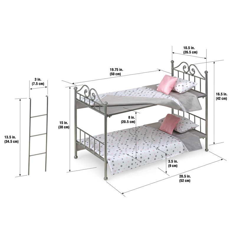 Scrollwork Metal Doll Bunk Bed with Ladder and Bedding