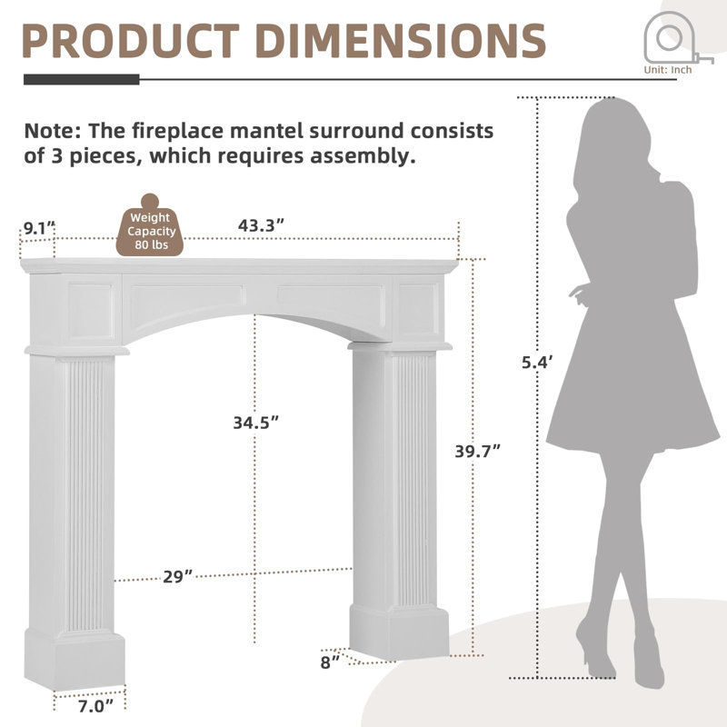  Manteau de cheminée 43,28 po, cadre de cheminée autoportant avec pieds pour foyers électriques, cadre de cheminée en MDF avec tablette pour le salon avec motif décoratif, anti-basculement et imperméable