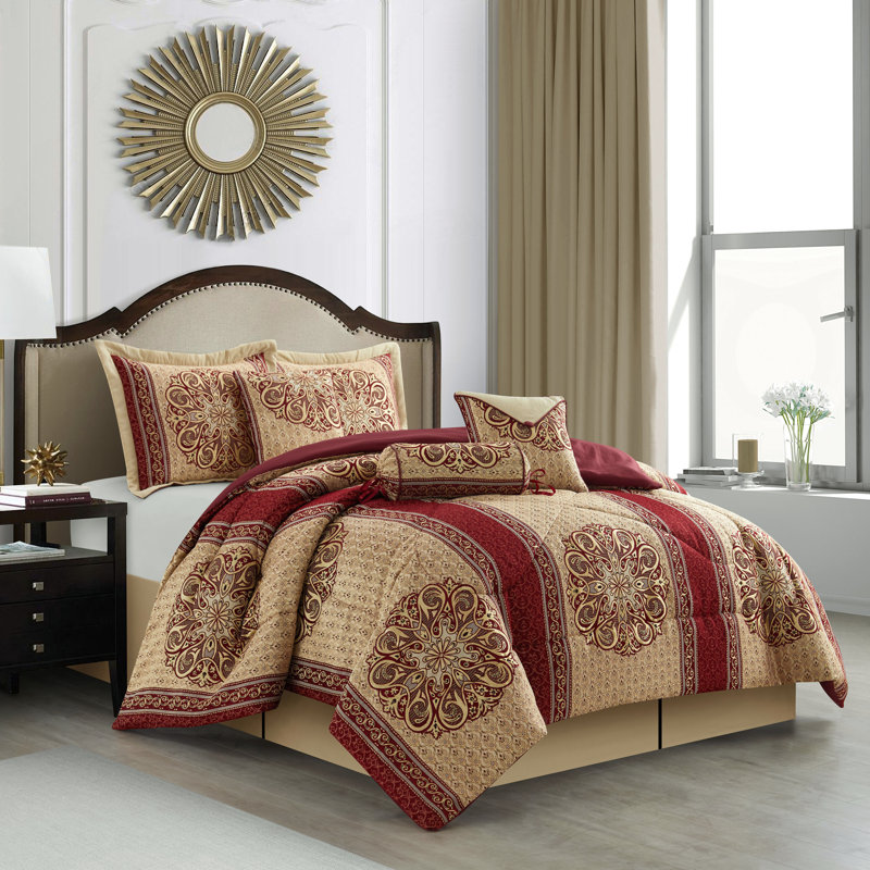Myhand Microfiber 7 Piece Comforter Set, California King Comforter + 6 Additional Pieces, Wine/Gold