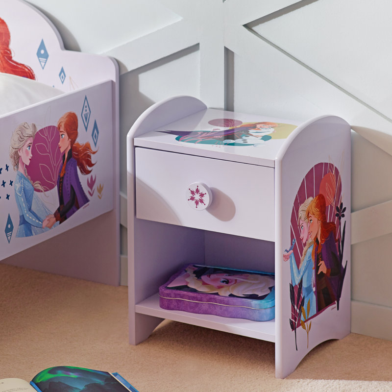 Disney Frozen Bedside Table: Sturdy Engineered Wood Construction featuring a 2-tier Design for Ample Storage, Small Side Table with Drawer and Storage Shelf for Kid's Bedroom