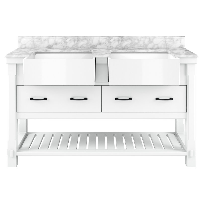 White Solid Wood Double Bathroom Vanity with Marble Top