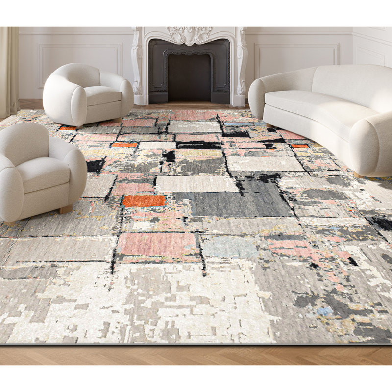 Hand Knotted Abstract Area Rug in Beige/Black/Gray/Pink, Rectangle 8' x 10'