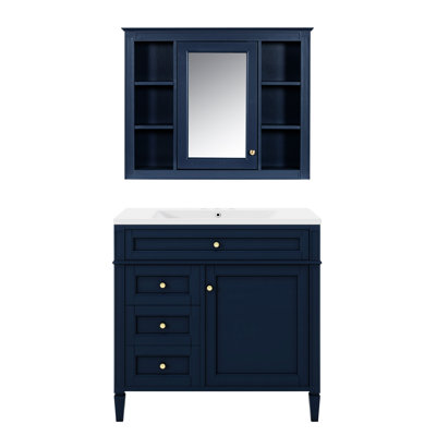 36'' Bathroom Vanity With  Medicine Cabinet, Royal Blue Mirror Cabinet, Modern Bathroom Storage Cabinet With 2 Soft Closing Doors And 4 Drawers, Single Sink Bathroom Vanity