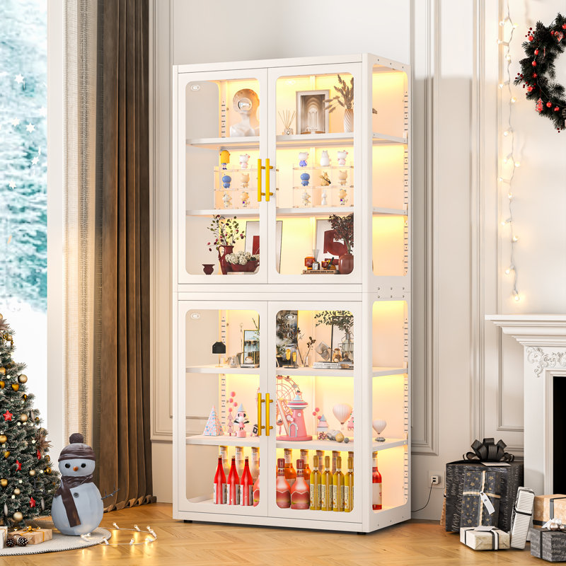 Metal Display Cabinet with Glass Doors and Shelves, White
