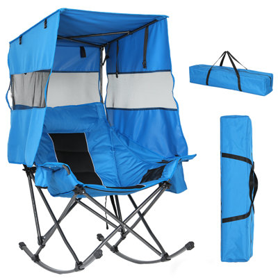 Chaise berçante pliante pour l'extérieur avec auvent bloquant les rayons UV, chaise berçante surdimensionnée pour adulte avec parasol, porte-gobelet, sac isotherme et sac de transport portable pour la détente dans la cour, le sport, le camping, les voyages en véhicule récréatif et les journées à la plage, paquet de 1