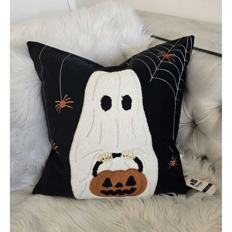 Halloween Ghost With Pumpkin Bucket Throw Pillow