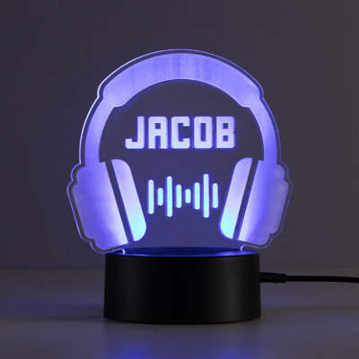 Headphones LED Night Light with Custom Name Laser Engraved on Acrylic Design Insert