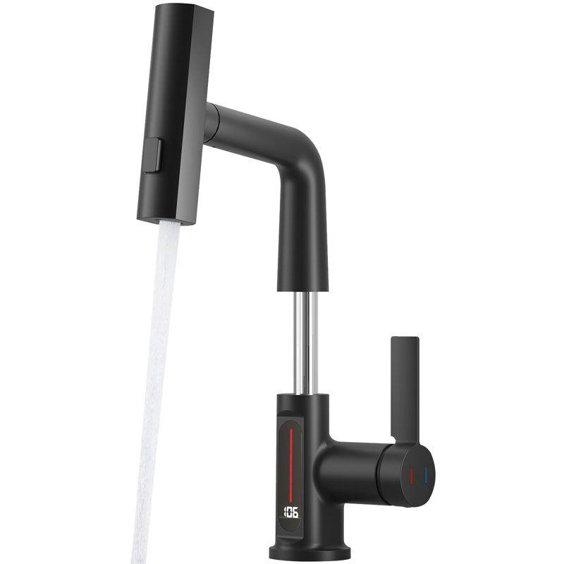 Robinet de salle de bain un trou noir mat avec douchette extractible et affichage de la température, Noir mat