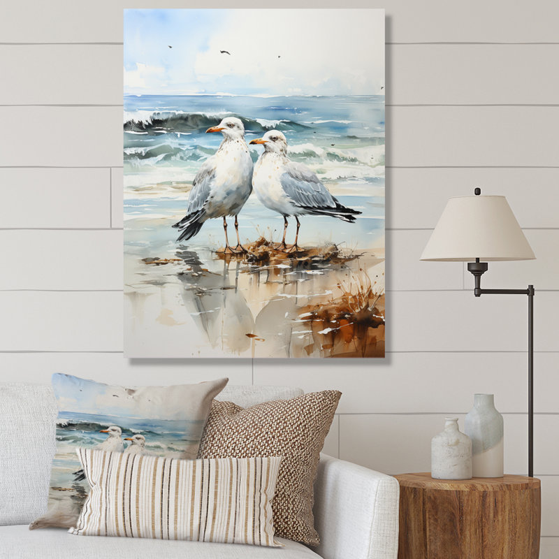 «Abstract Beach Seagulls In Love - Art mural de mouette pour le salon, H 44 po x l 34 po x P 1,5 po, Toile tendue