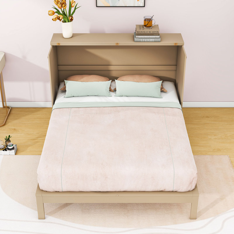 Lit escamotable double avec finition en rotin, port USB et amplement de rangement