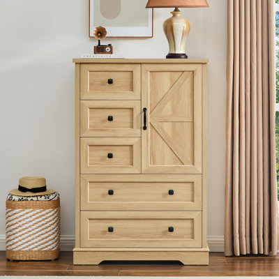 Farmhouse 47.2 '' H 5 Drawer Bedroom Dresser with Door, Wood Rustic Tall Chest of Drawers for Bedroom, Closet Storage for Bedroom