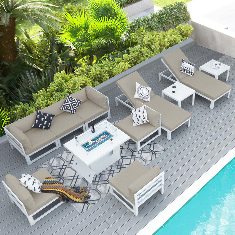 11 Pieces Modern Aluminum Patio Furniture Set With Fire Table, Outdoor Modular Sectional Conversation Set With Patio Chaise Lounges