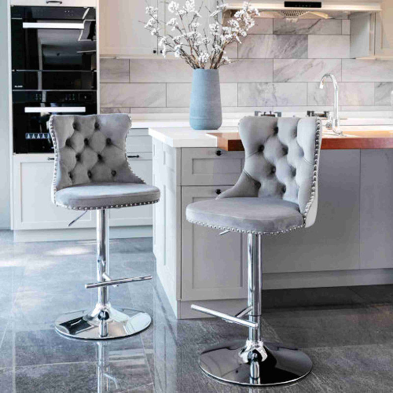 Swivel Velvet Barstools with Adjusatble Seat Height Design, Upholstered Bar Stools for Home Pub and Kitchen Island, Gray, 2