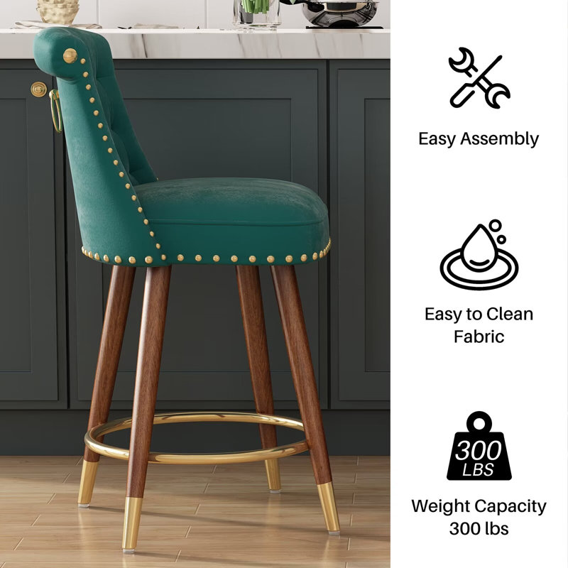 Green Velvet Upholstered Swivel Counter Stools with Wood Legs, 24" Set of 2