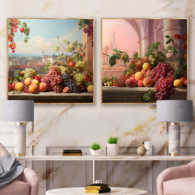 Ensemble de 2 collages carrés de fruits, Cadre flottant doré, H 30 po x l 61 po