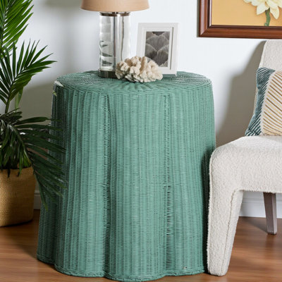 Console Luciana avec bordure en rotin festonné au fini bleu sarcelle, H 26,94 po x l 27,78 po x P 27,78 po