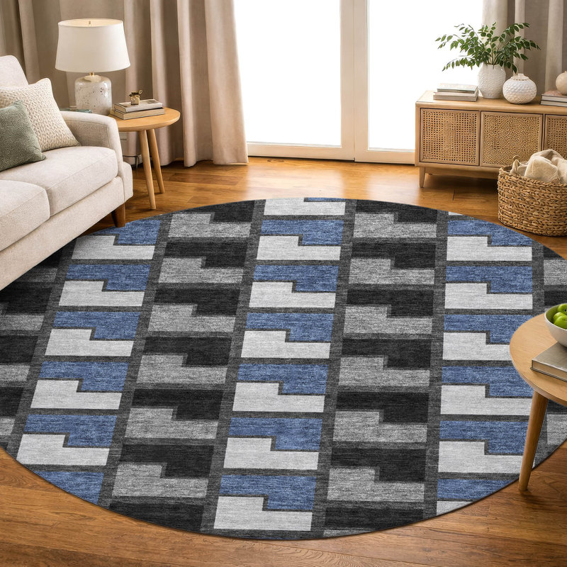 Premium Machine Washable Mayfield AMF2417 Geometric Rug, 8' Round, Black