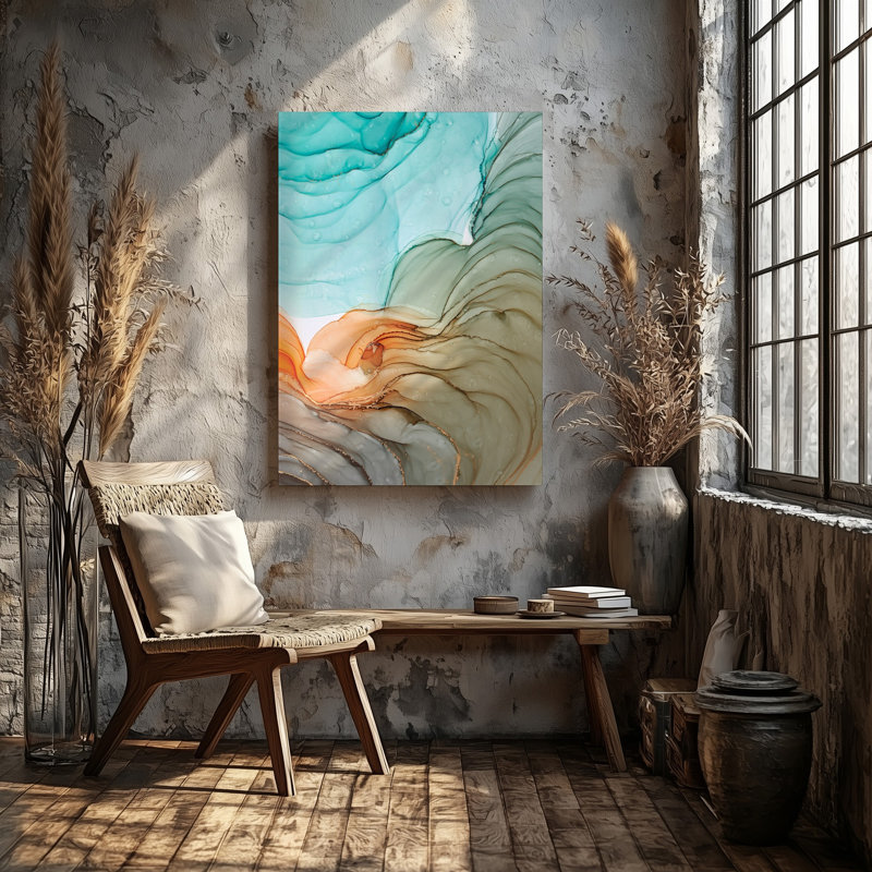 "Toile", une composition abstraite vibrante avec des formes fluides tourbillonnantes dans des tons, art mural doux turquoise crème et beige