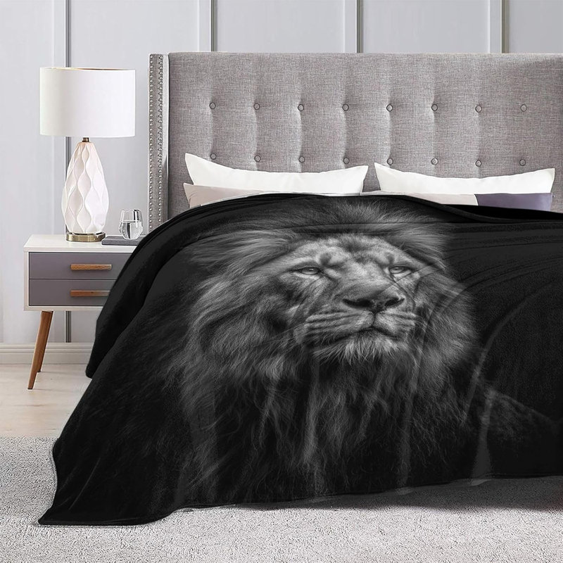Jeté de lion en flanelle noir et blanc Jeté léger, doux et chaud, douillet, douillet, pour voyage, canapé, canapé, salon, chambre à coucher, cadeau pour femmes, garçons, filles, toutes saisons, 50 po x 40 po