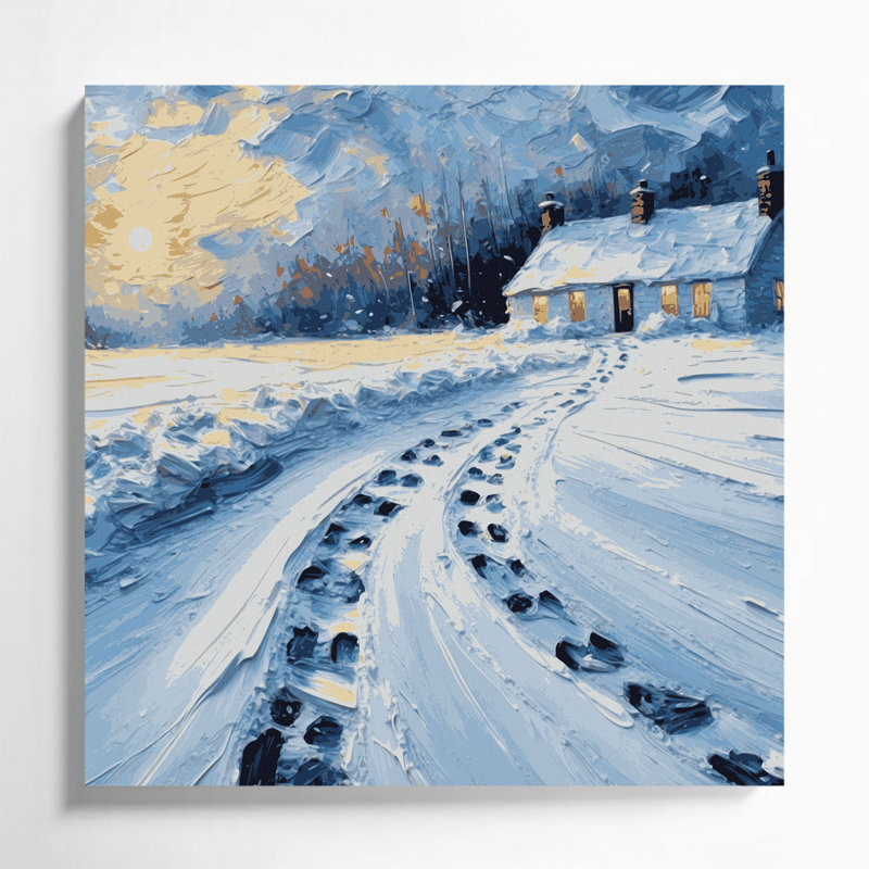 Toile grise de Noël dans la neige menant à une maison, H 12 po x l 12 po