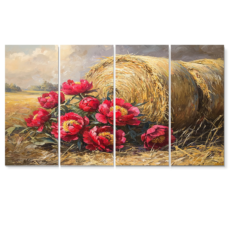 Lorello - pivoines - art mural traditionnel pour le salon, 4 pièces, H 32 po x l 64 po
