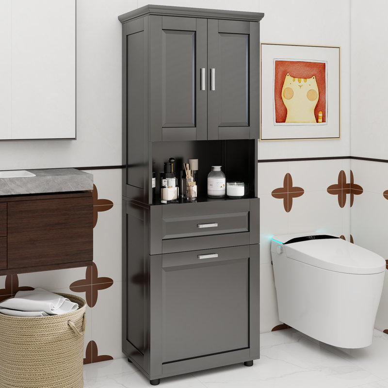 Grande armoire de salle de bain avec panier à linge, grand panier à linge inclinable et armoire de rangement supérieure, gris