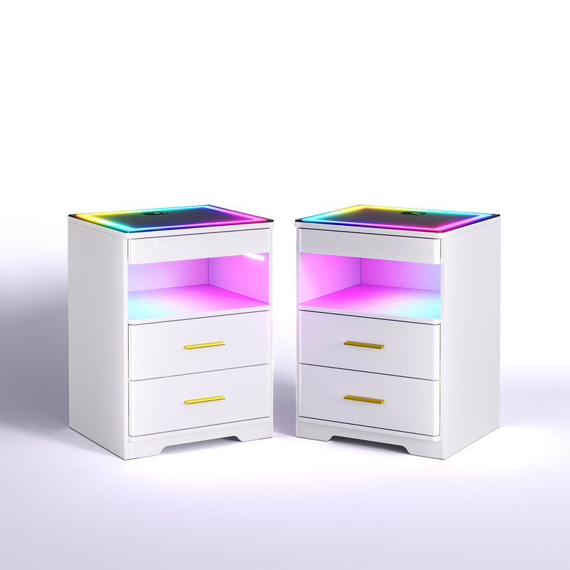 Table de chevet moderne à DEL avec éclairage RVB contrôlé par l'application - Table de chevet à 3 tiroirs avec plateau en verre