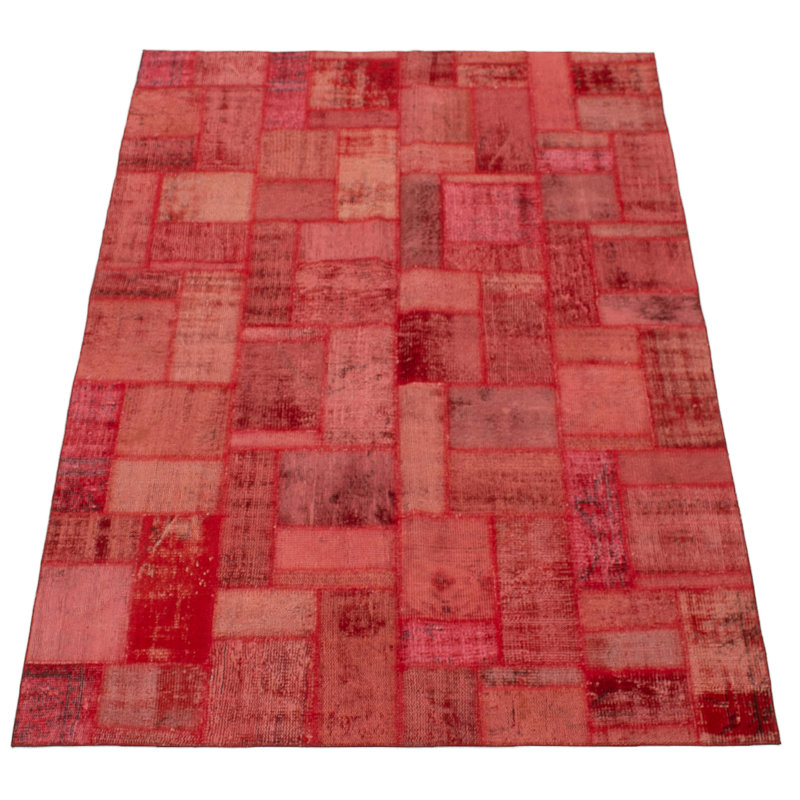 Tapis décoratif en laine rouge de conception unique noué à la main des années 1980 5 pi 7 po x 7 pi 10 po