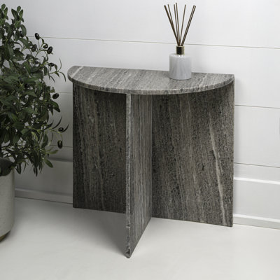 Patrice 20" Modern Half Moon Genuine Marble End Table, Glossy Grey & Beige Semi-Circle Accent Side Table with Cross Base for Living Room