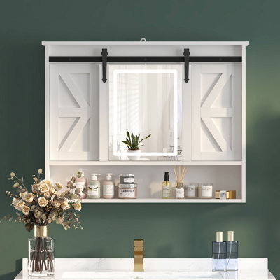 Armoire à pharmacie rustique avec lumières DEL et porte de grange coulissante, rangement mural