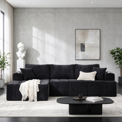Canapé modulaire en L 108 po en chenille noir de 108 po, canapé à compression 4 places avec méridienne gauche, porte-gobelets et poches latérales, canapé rembourré sans assemblage pour salon