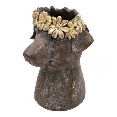 Pot à fleurs en magnésium avec fini brun texturé et couronne feuille d'or