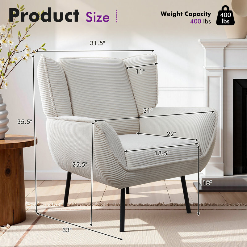 Modern Upholstered Wingback Accent Chair For Living Room/bedroom, White Corduroy, White