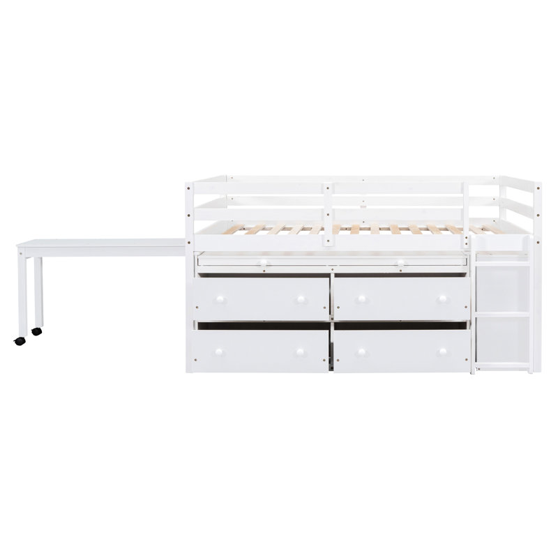 Lit mezzanine double avec bureau d'écriture rétractable et rangement - et tablette blanche fonctionnelle pour économiser de l'espace