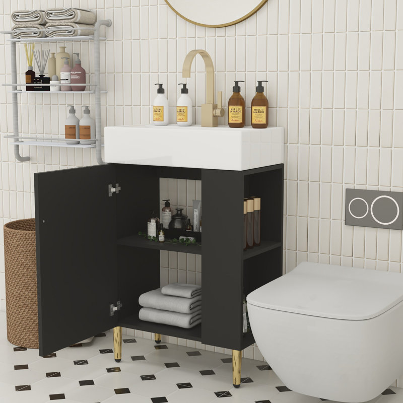 Meuble-lavabo en bois 21,6 po, Noir, Doré