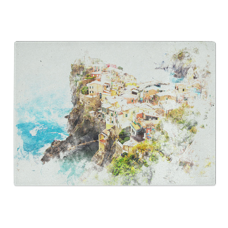 Tempered Glass View of Cinque Terre in Italy Watercolour Chopping Board, 20 cm x 28.5 cm