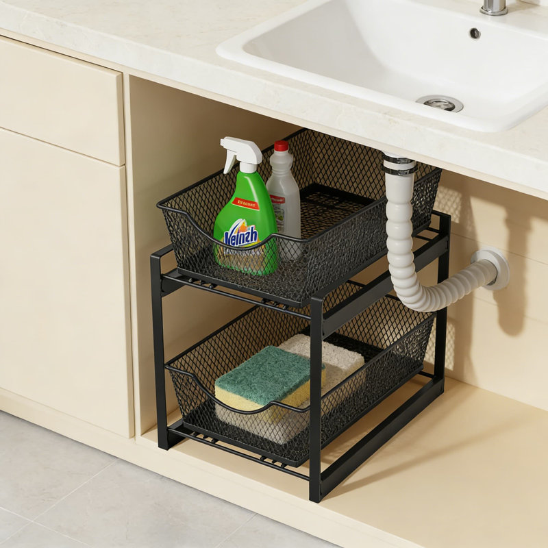 Support de rangement sous le lavabo à 2 niveaux en métal, solution de rangement polyvalente pour l'organisation de la salle de bain et du garde-manger
