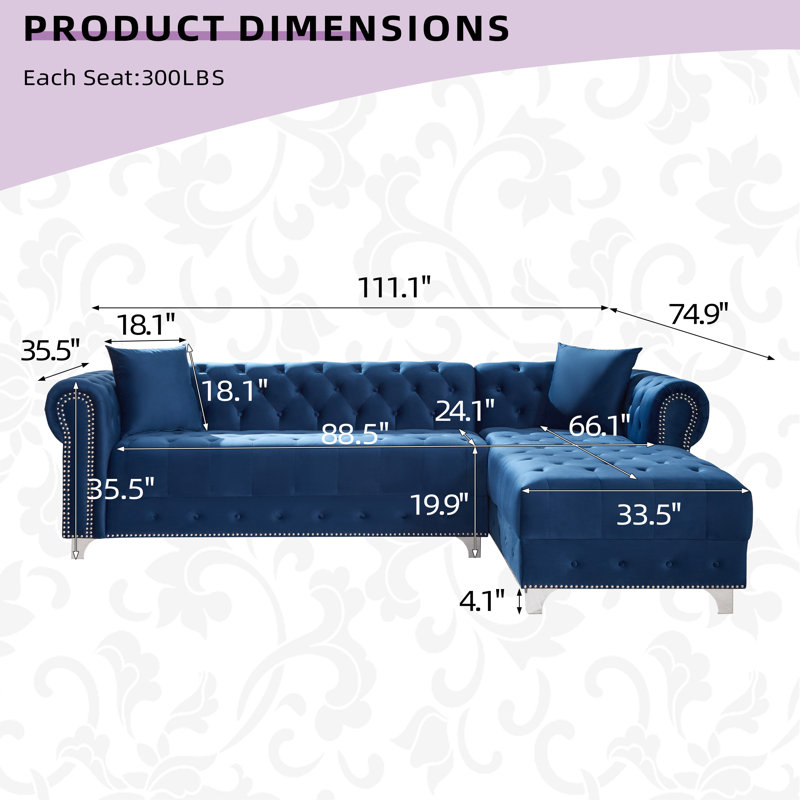 Joannette 112.6'' Wide Traditional Tufted Sectional Sofa Chaise with Nail Trim & 2 Pillows
