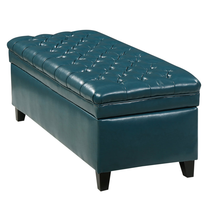 Cancia Faux Leather Button-Tufted Storage Ottoman Bench, Faux Leather Teal