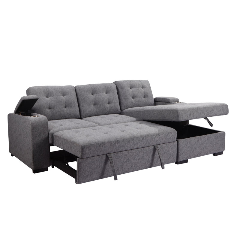 Belmont Tufted Grey Right Facing Sleeper Sectional with Storage