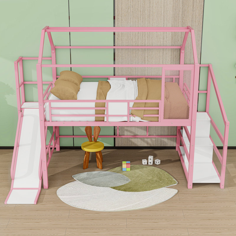 House Loft Bed With Slide And Stairs, Full, Pink