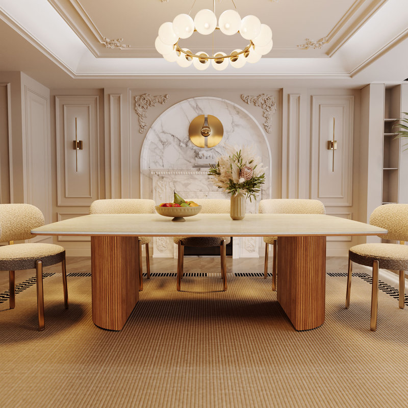 78.7" Stone Kitchen Dining Table For 8 With Solid Wood Legs, Sintered Stone Top, Semi-Circular Stripe Base