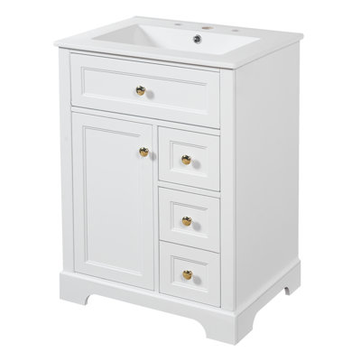 Meuble-lavabo moderne blanc 24 po avec lavabo, panneau de fibres à densité moyenne et bois de pin, 3 tiroirs et armoire à fermeture en douceur, rangement de porte à 2 niveaux | Idée de cadeau