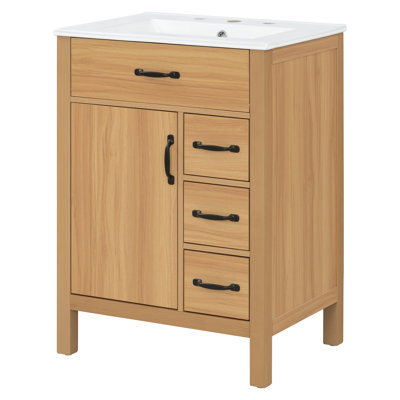 Meuble-lavabo simple autoportant 24 po avec lavabo en céramique, tiroir rabattable, portes et tiroirs à fermeture en douceur, pieds en bois massif, poignées noires