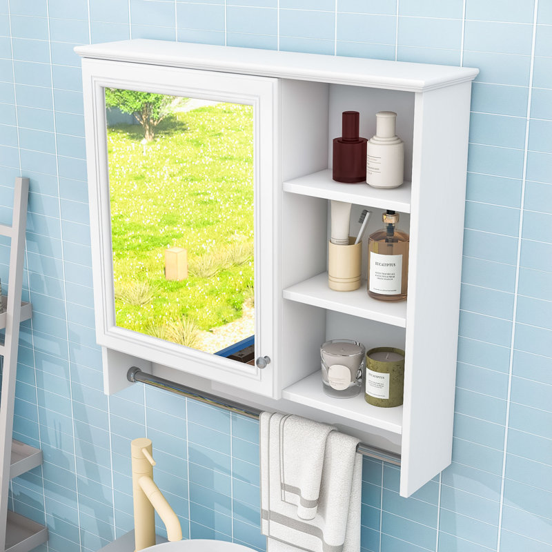 Armoire à pharmacie murale 2 en 1 avec miroir, tablettes réglables et porte-serviettes, Blanc
