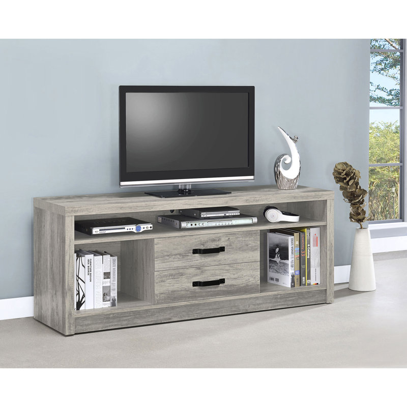 Meuble télé avec une finition en bois flotté gris et deux tiroirs, fabrication en bois d'ingénierie, aspect rustique vieilli, utilisation durable, conception polyvalente, largeur de 59 pouces avec abat-jour, tiroirs pour